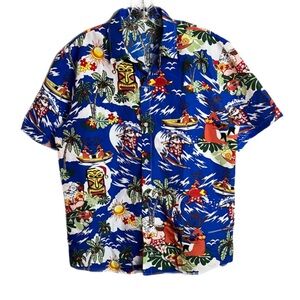 SSLR Sz Medium Blue White Hawaiian Print Ugly Christmas Shirt RARE‎